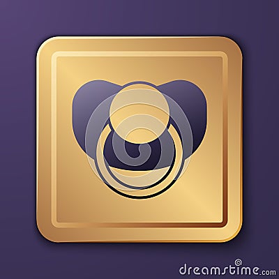 Purple Baby dummy pacifier icon isolated on purple background. Toy of a child. Gold square button. Vector Vector Illustration