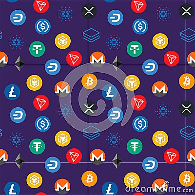 Purple background with colorful Cryptocurrency coins in flat style Vector Illustration