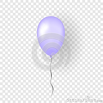 Purple balloon 3D, thread, isolated white transparent background. Color glossy flying baloon, ribbon, birthday celebrate Vector Illustration