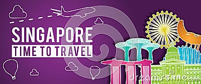 Purple banner of Singapore famous landmark silhouette colorful style,plane and balloon fly around with cloud Vector Illustration