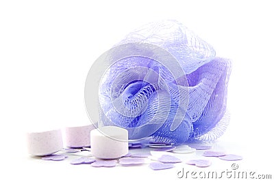 Purple bath sponge with salts Stock Photo