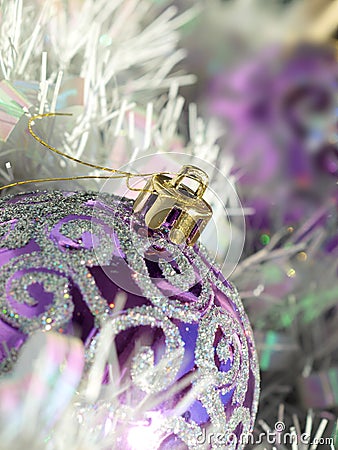 Purple Bauble and Tinsel Stock Photo