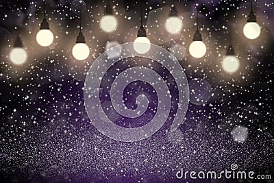 purple fantastic glossy glitter lights defocused light bulbs bokeh abstract background with sparks fly, festal mockup texture with Stock Photo