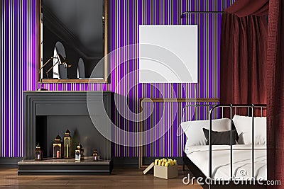 Purple bedroom, fireplace and poster Stock Photo