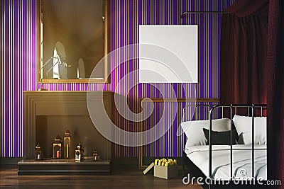 Purple bedroom, fireplace and poster toned Stock Photo