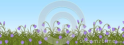 Purple bell flowers in green grass on a blue sky background. Seamless border Vector Illustration