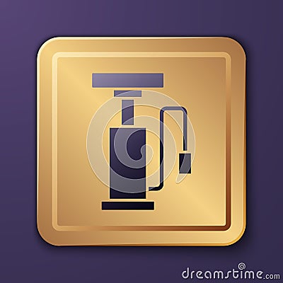 Purple Bicycle air pump icon isolated on purple background. Gold square button. Vector Vector Illustration