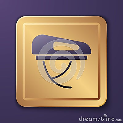 Purple Bicycle helmet icon isolated on purple background. Extreme sport. Sport equipment. Gold square button. Vector Vector Illustration