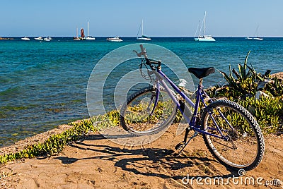 Purple bicycle near the coastline with sea and boats in the background Stock Photo