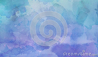 Purple and blue green watercolor wash background with fringe bleed and bloom blotches in grainy watercolor paint on paper texture Stock Photo