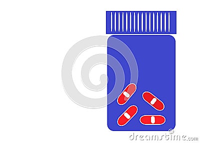 A purple bottle of four red capsules of medicine pills against a white backdrop Cartoon Illustration