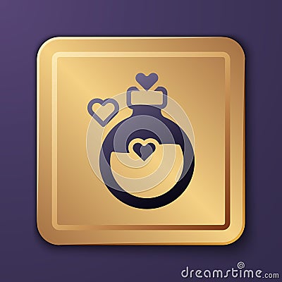 Purple Bottle with love potion icon isolated on purple background. Happy Valentines day. Gold square button. Vector Vector Illustration
