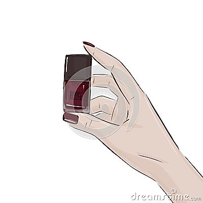 Purple bottle with nail polish. Luxury cosmetics advertising bottle. Product packaging makeup manicure care. Identity Vector Illustration