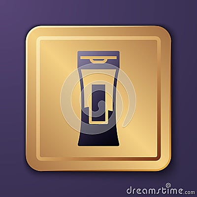 Purple Bottle of shampoo icon isolated on purple background. Gold square button. Vector Illustration Vector Illustration