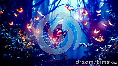Purple butterfly sitting on top of plant in forest filled with butterflies. Generative AI Stock Photo