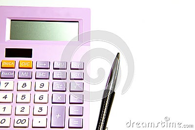 Purple calculator and pen Stock Photo