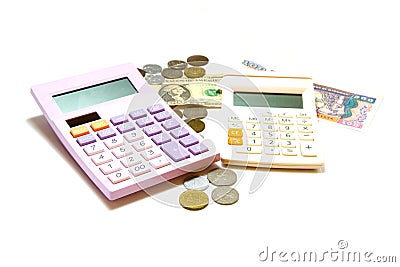 Purple calculator and white calculator with money Stock Photo