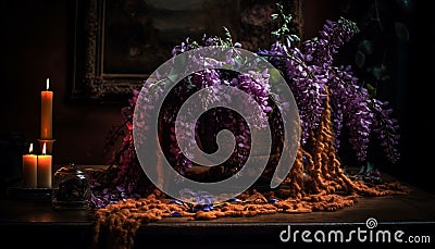 Purple candle burning, flower arrangement adds elegance generated by AI Stock Photo