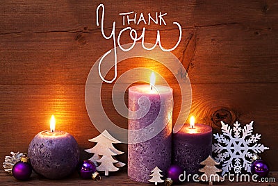 Purple Candle, Christmas Decoration, Calligraphy Thank You Stock Photo