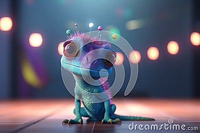 Purple Cartoon Chameleon Lady in the Glow of Night Lights Stock Photo
