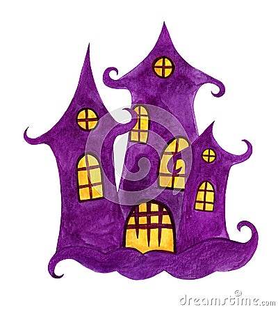 Purple cartoon cute castle silhouette with yellow windows and bars. Stock Photo