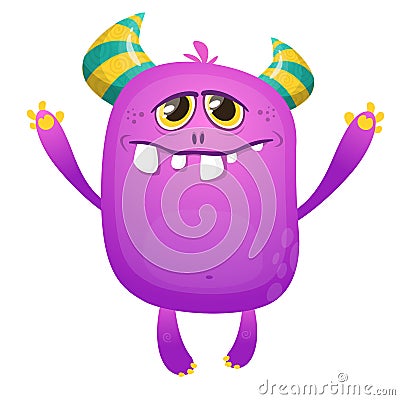 Purple cartoon monster with horns. Vector troll illustration. Big collection of cute monsters. Vector Illustration