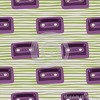Purple cassette doodle seamless pattern. Disco print on green stripped background. Hipster print Cartoon Illustration