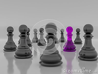 An purple chess pawn standing in the middle of another black chess pawn, 3d illustration Cartoon Illustration