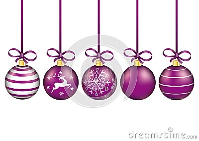 5 Purple Christmas Baubles Red Ribbons Vector Illustration