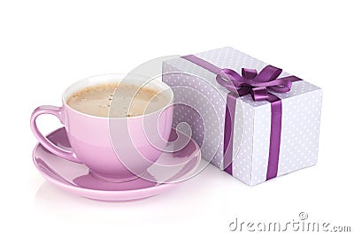 Purple coffee cup and gift box Stock Photo