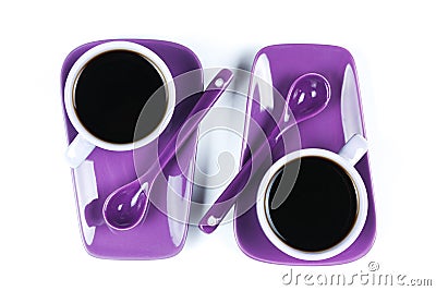 Purple coffee cup with saucer and spoon isolated on white background Stock Photo