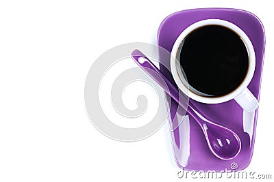 Purple coffee cup with saucer and spoon isolated on white background Stock Photo
