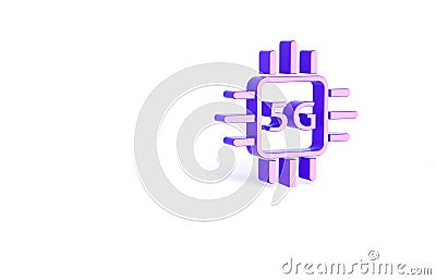 Purple Computer processor 5G with microcircuits CPU icon isolated on white background. Chip or cpu with circuit board Cartoon Illustration