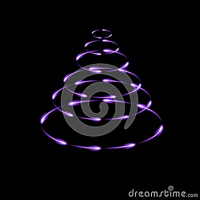 Purple cone made by flying glowing fireflies, modern christmas tree, dark background Vector Illustration