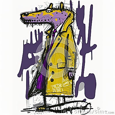 purple crocodile in a yellow raincoat sticky sticker white background creative and strange hight detailed raw expressive Stock Photo