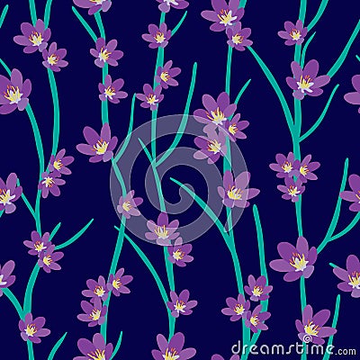 Purple crocus seamless pattern in purple and green colours on dark background Vector Illustration