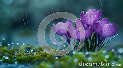 Purple crocuses in the rain, macro photography with moss background Stock Photo