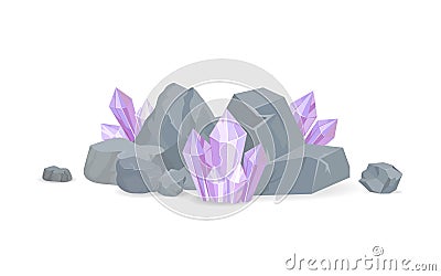 Purple Crystals Among Stones Realistic Minerals Vector Illustration