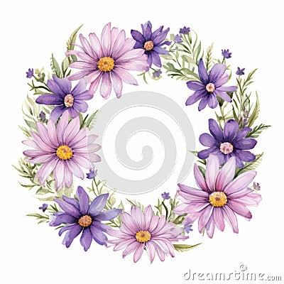 Purple Daisy Watercolor Wreath On White Background Cartoon Illustration