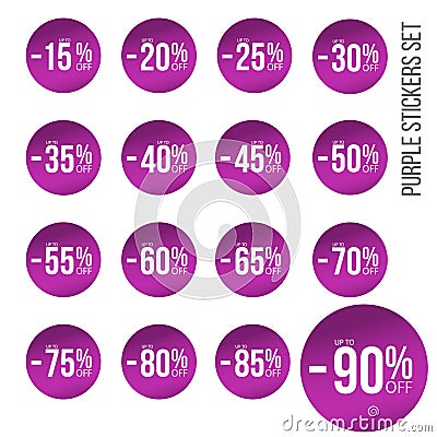 Purple discount stickers set with sale percents numbers. From ten to eighty five Vector Illustration