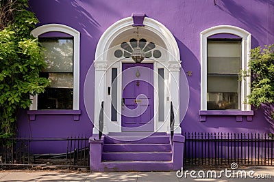 purple door of a colonial revival house with a semi-circular fanlight above Stock Photo