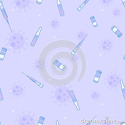 Purple dreamy seamless pattern with syringes and ampules Vector Illustration