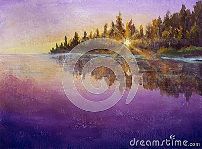 Purple evening morning on the river beautiful landscape painting Cartoon Illustration