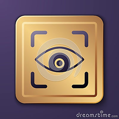 Purple Eye scan icon isolated on purple background. Scanning eye. Security check symbol. Cyber eye sign. Gold square Vector Illustration