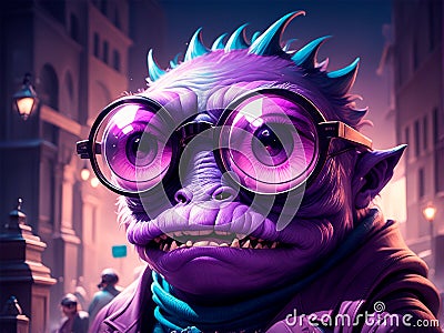 Purple fantasy creature with glasses Stock Photo