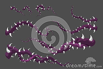 Purple fantasy thorn branches. Game asset. Magic sprite object. Terrible forest trees. GUI elements Vector Illustration