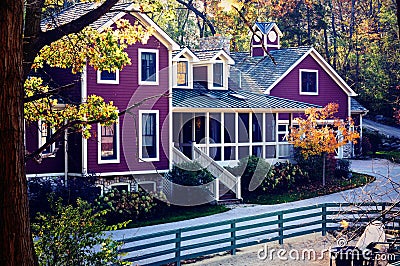 Purple Farm House In Fall Stock Photo