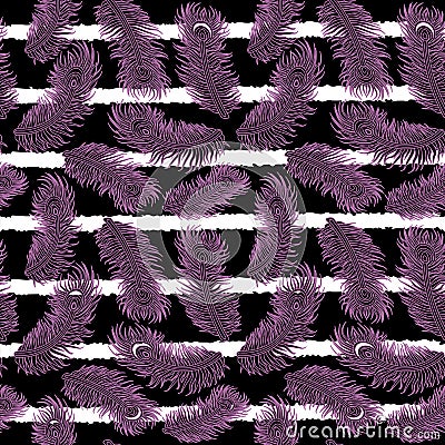 Purple Feather Pattern on Stripe Background Vector Illustration