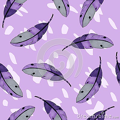 Purple feathers seamless pattern. colorful bird feathers repeating background for web and print purpose. marker art Stock Photo