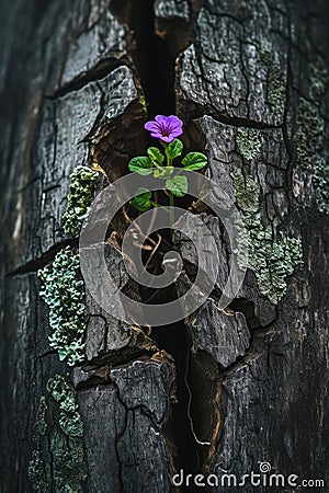 Purple Flower Emerging From Tree Crack Stock Photo